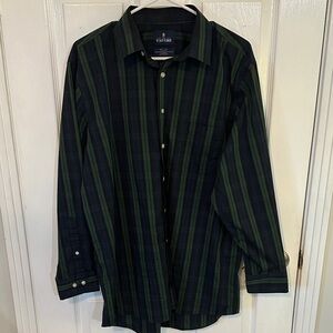 Stafford Men's Dark Green and Navy Striped Shirt